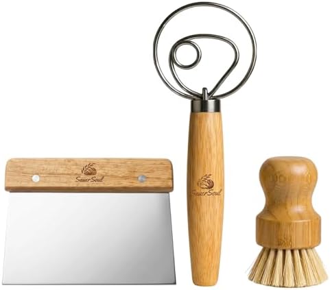 Bäcker-Set – Dänischer Teigbesen mit Sisal-Reinigungsbürste & Edelstahl Teigschaber