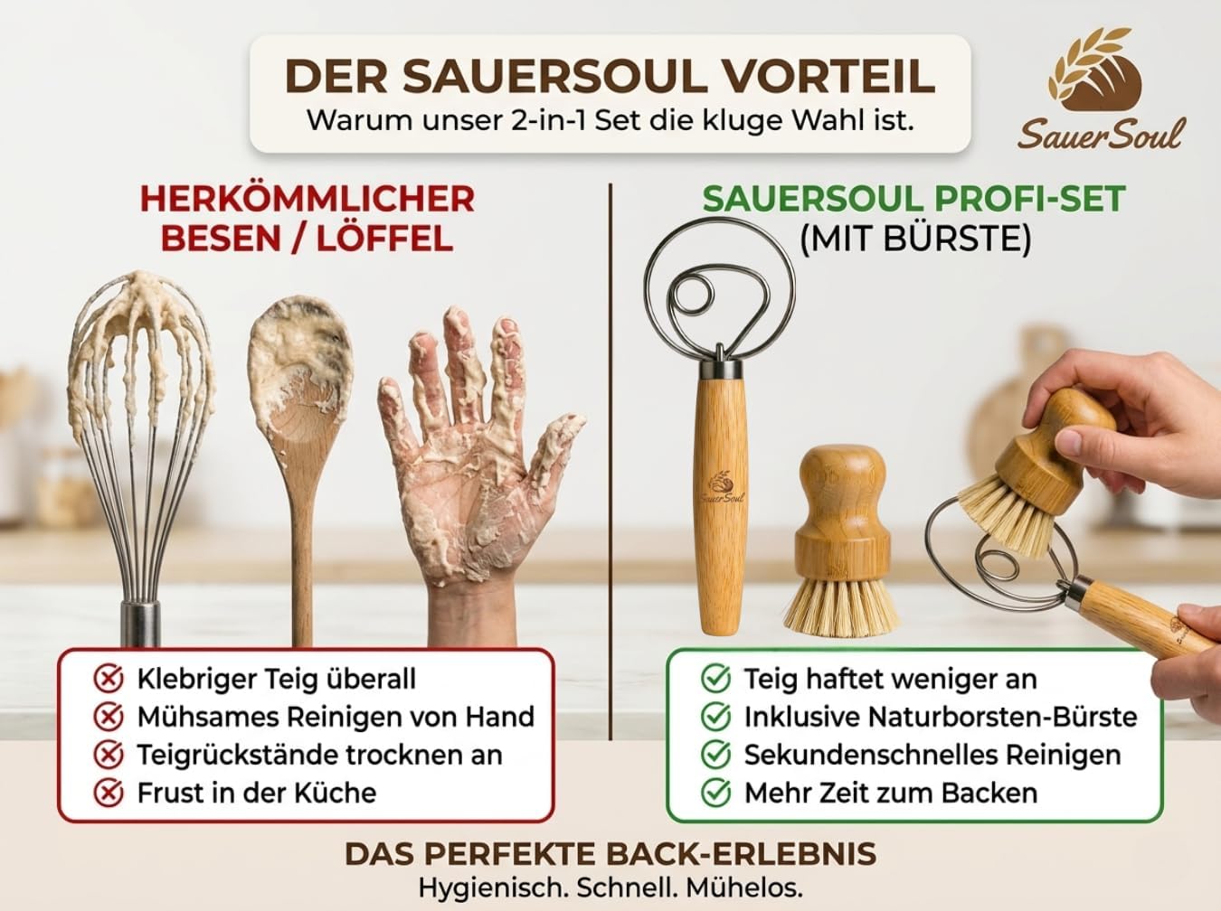 Dänischer Teigbesen Set mit Sisal-Reinigungsbürste