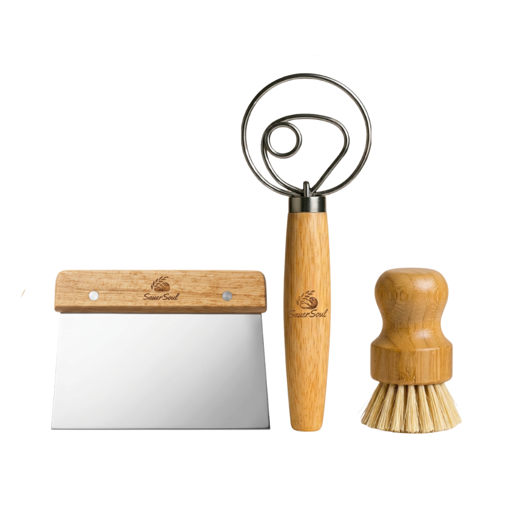 Sauerteig-Zubehör – dänischer Teigbesen mit Sisal-Reinigungsbürste & Edelstahl-Teigschaber