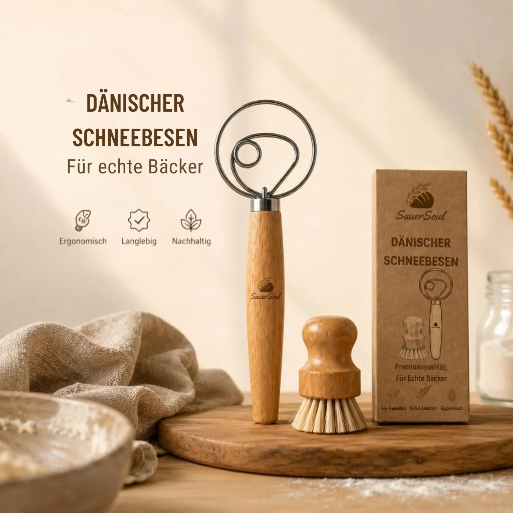 Dänischer Schneebesen–Set mit Sisal-Reinigungsbürste
