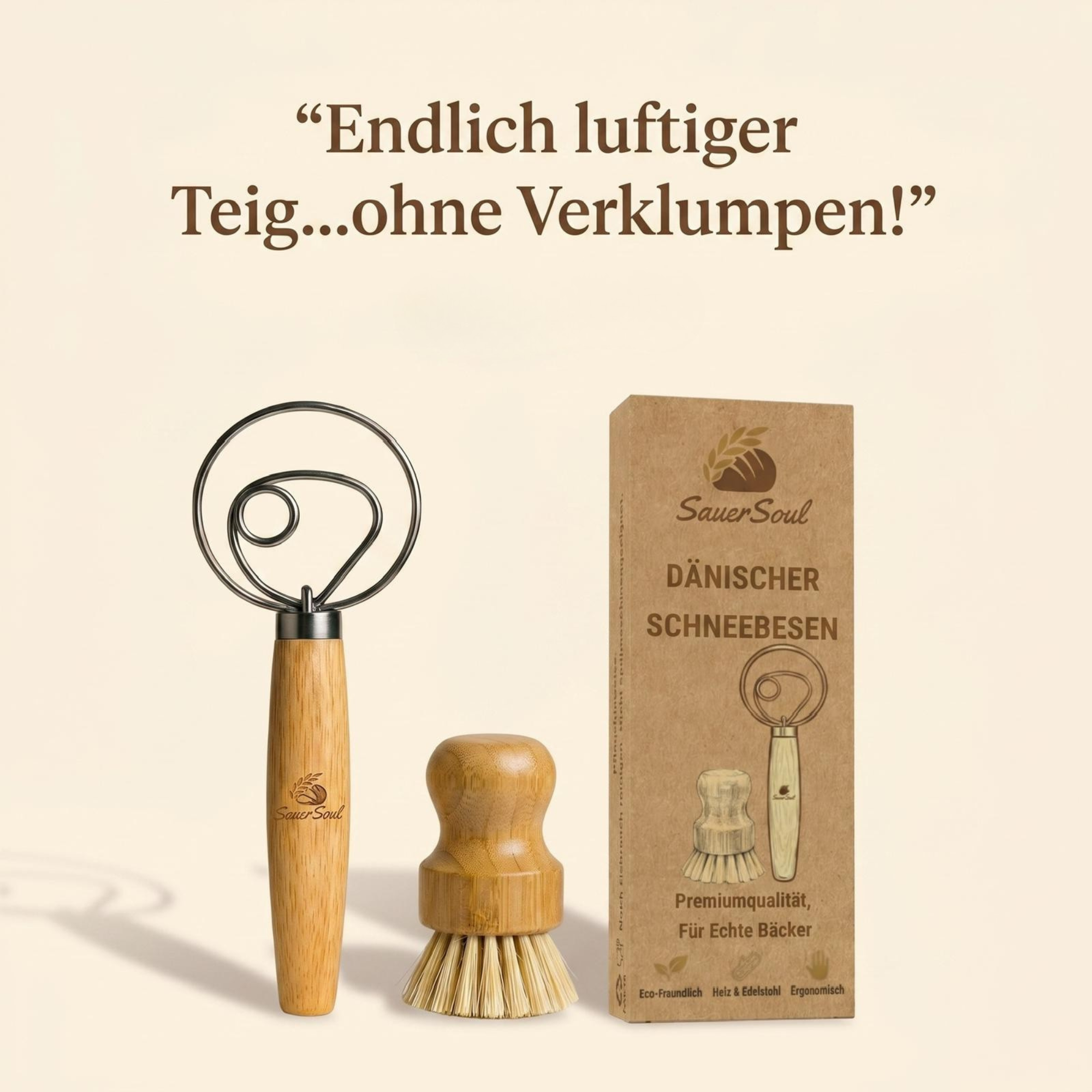 Dänischer Teigbesen Set mit Sisal-Reinigungsbürste